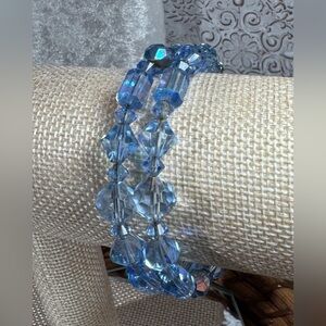 Blue Faceted Beaded Aurora Borealis Wrap Silver Wire Bracelet